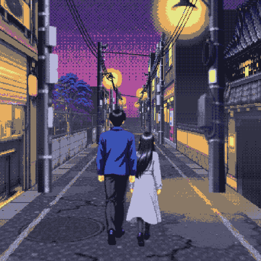 《散散步》封面 — 一對男女背住鏡頭，行緊一條夜晚嘅街，粉紫色天空同黃色街燈